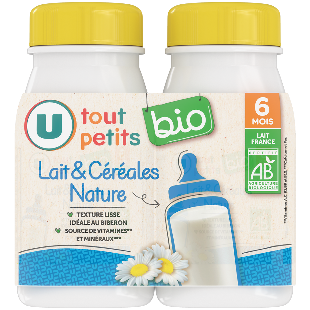 U TOUT PETITS BIO Lait et céréales dès 6 mois 2 bouteilles de 250ml