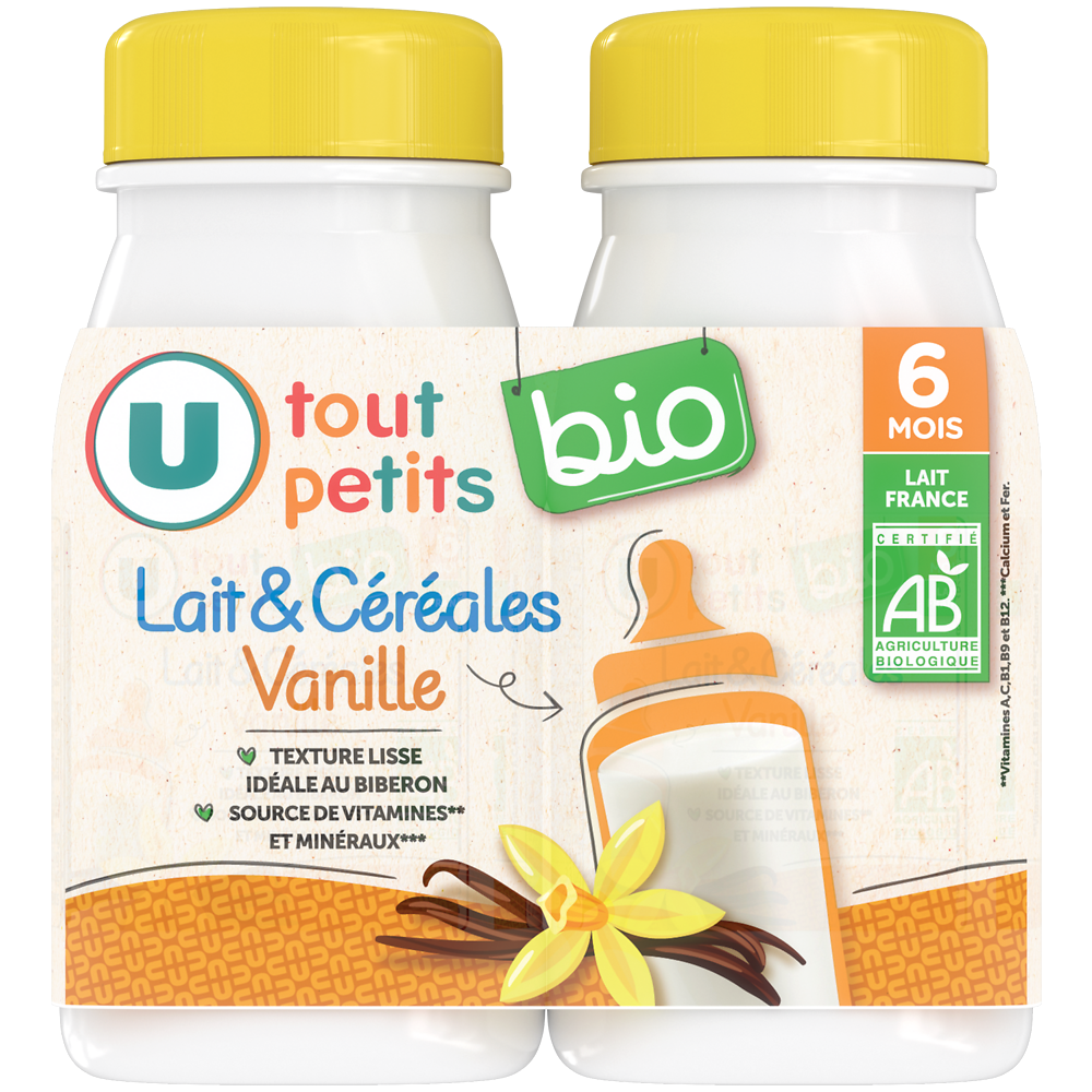 U TOUT PETITS BIO Lait et céréales vanille dès 6 mois, 2 bouteilles de 250ml