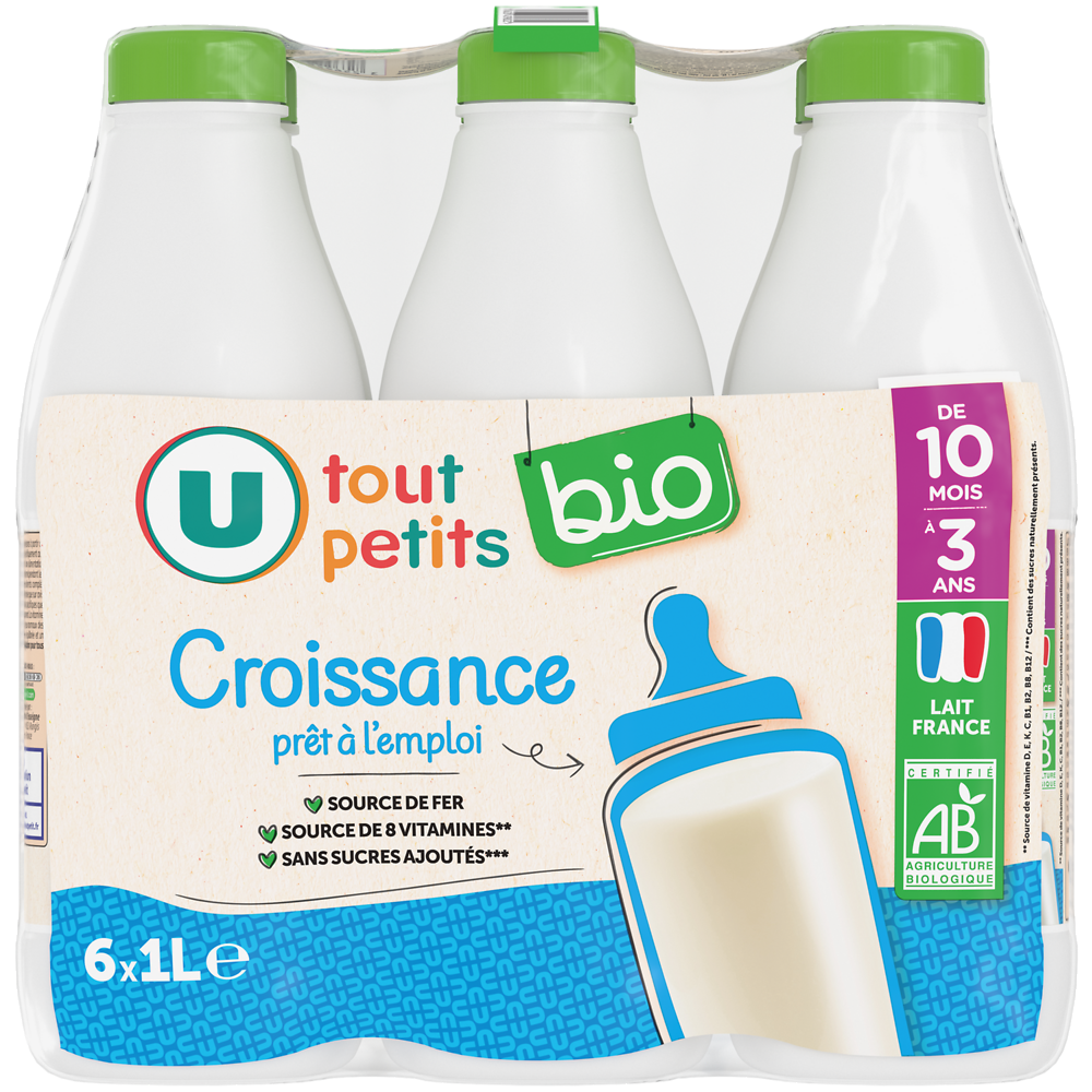 U TOUT PETITS BIO Lait de croissance DHA 10 mois à 3 ans - 6 bouteilles de 1L