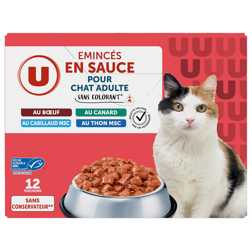 U Sachets fraicheur pour chat Emincés en sauce viandes & poissons 12x100g