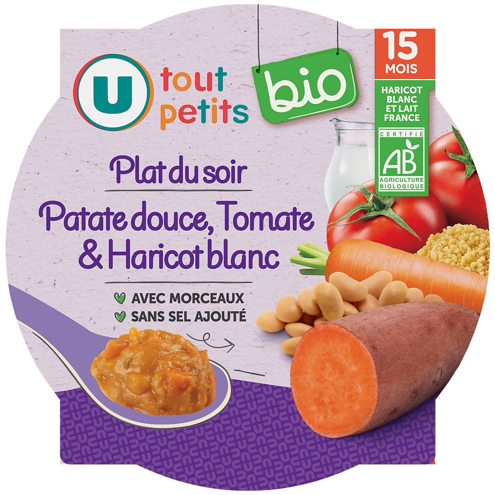 U TOUT PETITS BIO Plat bébé assiette patate douce, tomates, haricots blancs dès 15 mois,250g