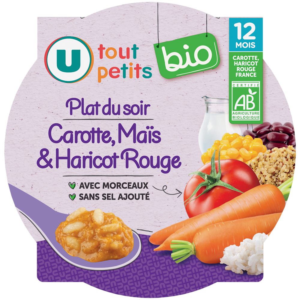 U TOUT PETITS BIO Plat bébé assiette carotte, tomate, maïs, haricots rouges dès 12 mois230g