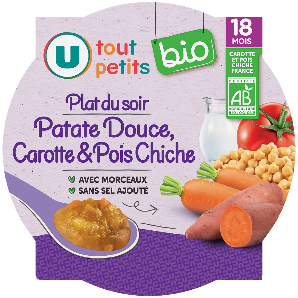 U TOUT PETITS BIO Plat bébé assiette patate douce, carottes, pois chiches dès 18 mois 230g