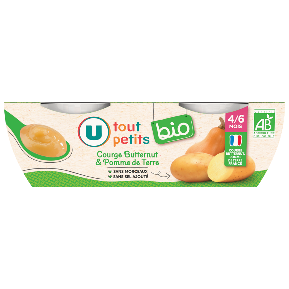 U TOUT PETITS BIO Petits pots bébé salés courges, butternut, pommes de terre dès 4 mois,2x120g