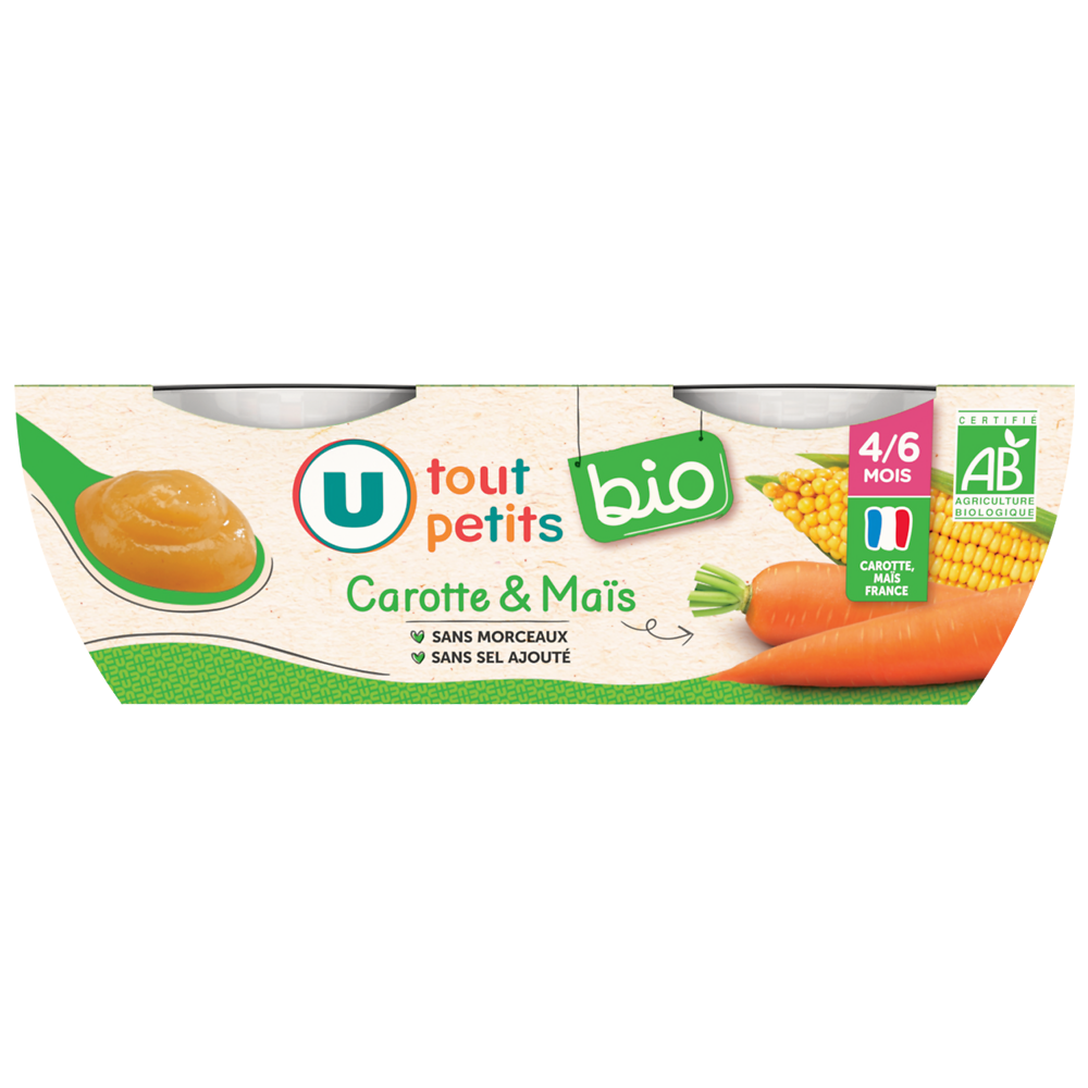 U TOUT PETITS BIO Petits pots bébés salé carotte et maïs dès 4 mois, 2x120g