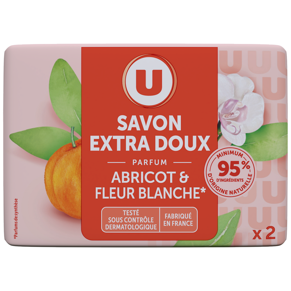 U Savon extra doux abricot fleur blanche, 2x100g