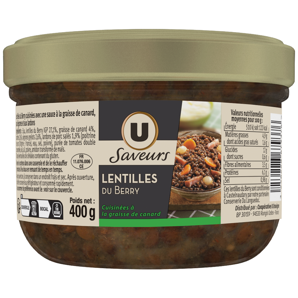 U SAVEURS Lentilles de berry cuisinées graisse de canard 400g