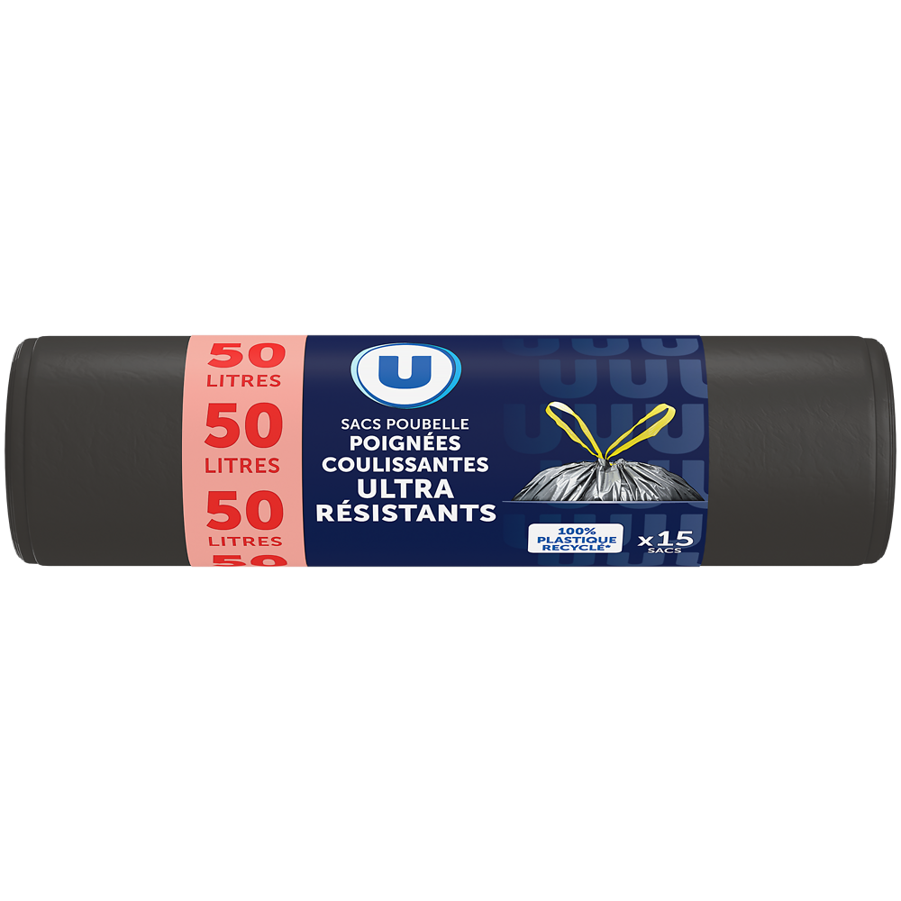 U Sac poubelle ultra résistant 100% recyclé liens coulissant 15x50L