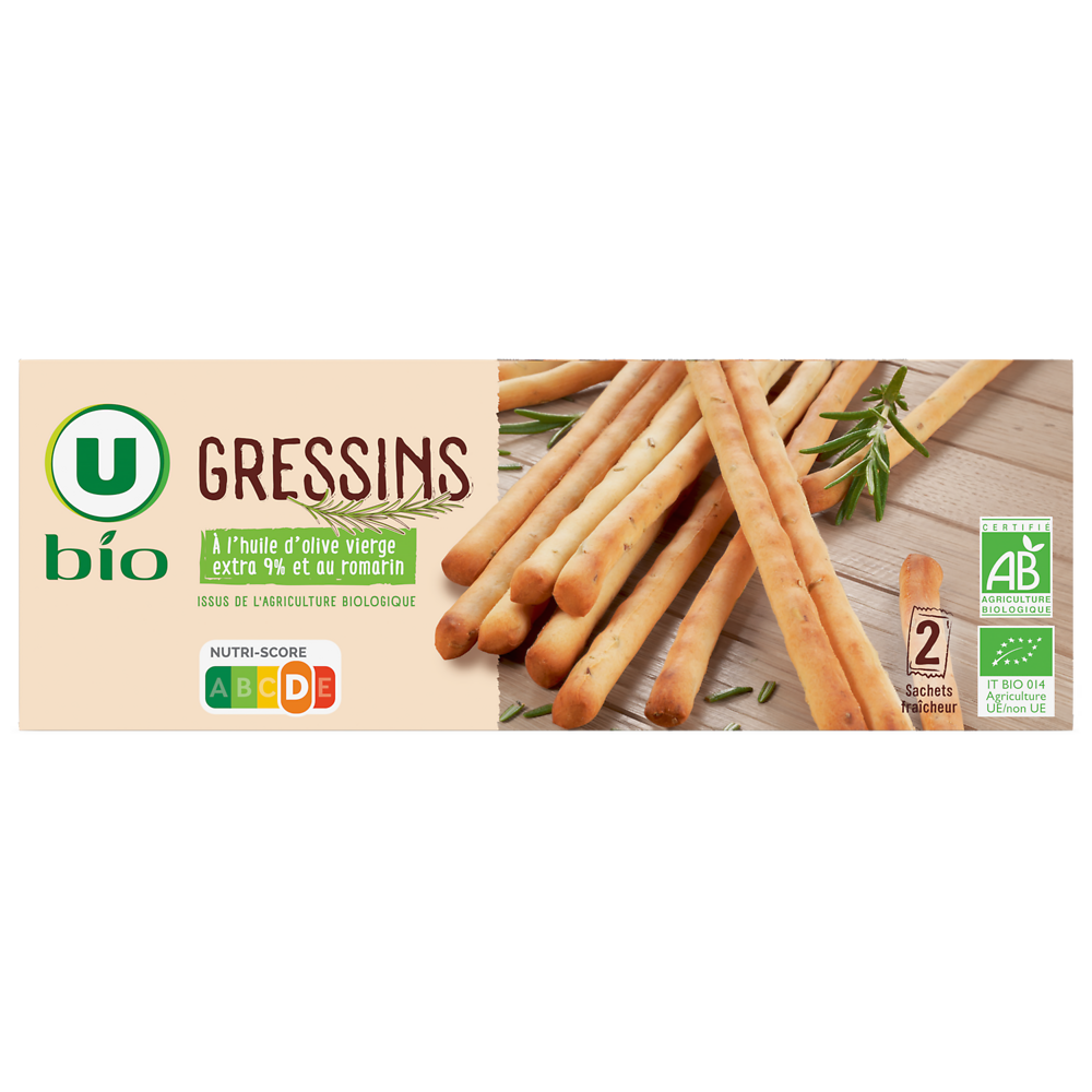 U BIO Gressins à l'huile d'olive vierge extra 9% et au romarin 150g