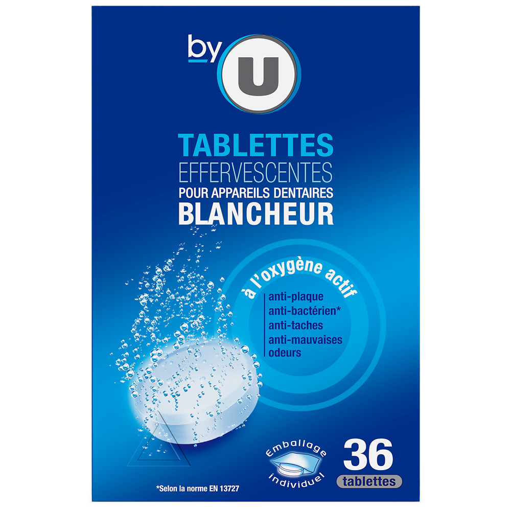 BY U Tablettes nettoyantes effervescentes pour appareils dentaires blancheur x36