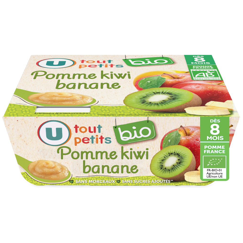 U TOUT PETITS BIO Petits pots bébé dessert pomme kiwi banane dès 8 mois, 4x100