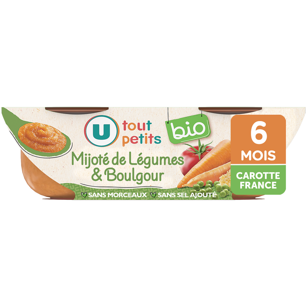 U TOUT PETITS BIO Plats bébé bols mijoté de légumes et boulgour origine France dès 6 mois, 2x200g