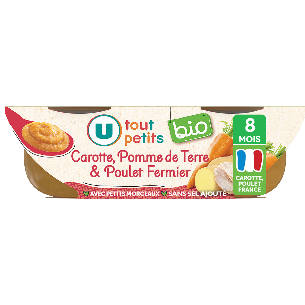 U TOUT PETITS BIO Plats bébé bols repas Bébé carottes pomme de terre poulet, dès 8 mois-2x200g