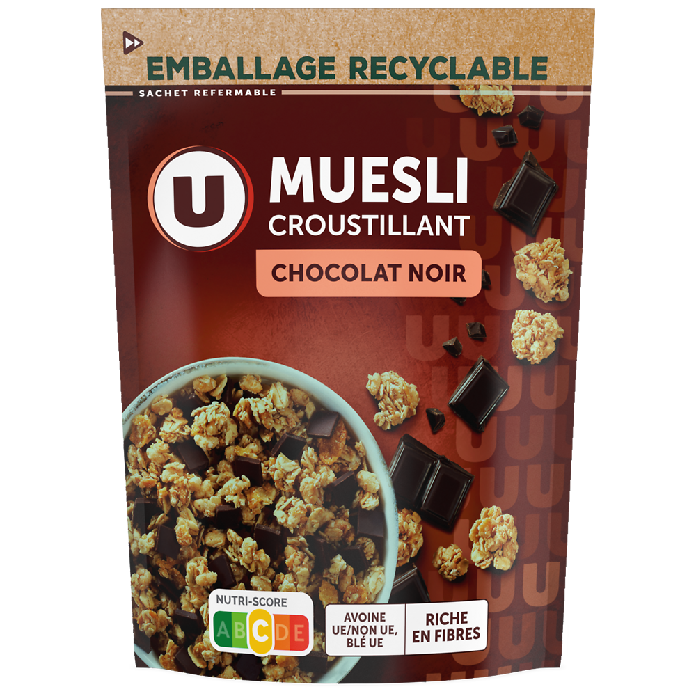 U Céréales Muesli croustillant chocolat noir paquet 500g