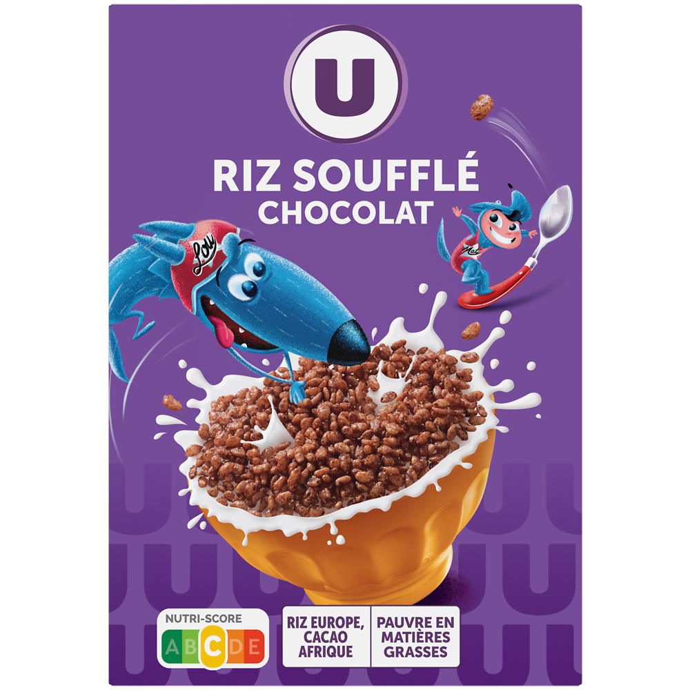 U Céréales riz soufflé enrobé de chocolat riches en vitamines, paquet 375g