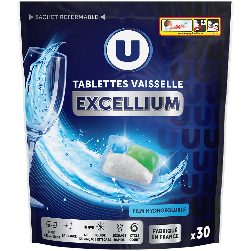 U Tablettes lave vaisselle excellium poudre + liquide x30 (0,414g)