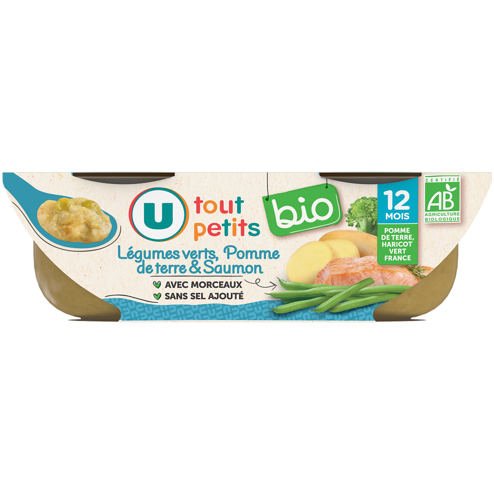 U TOUT PETITS BIO Plats bébé bols légumes verts saumon dès 12 mois, 2x200g