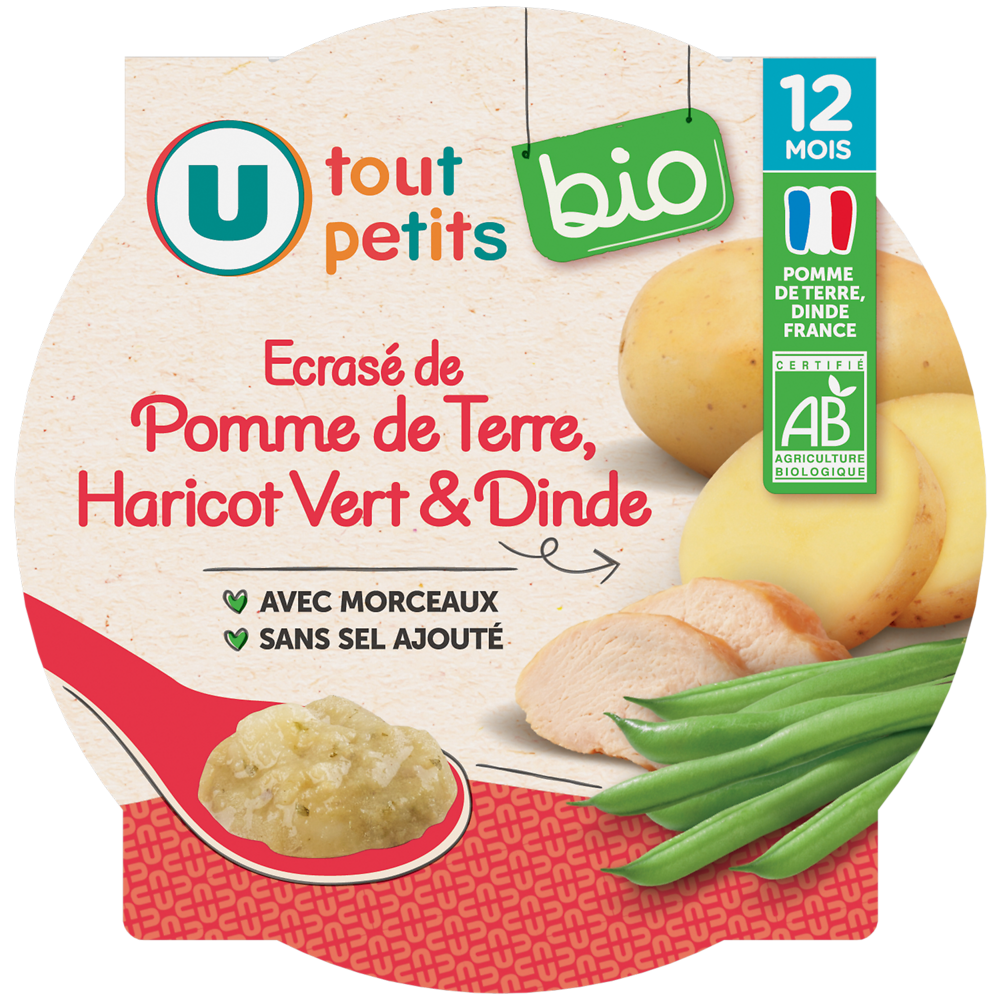 U TOUT PETITS BIO Plat bébé assiette écrasé de pomme de terre haricots verts dinde 230g