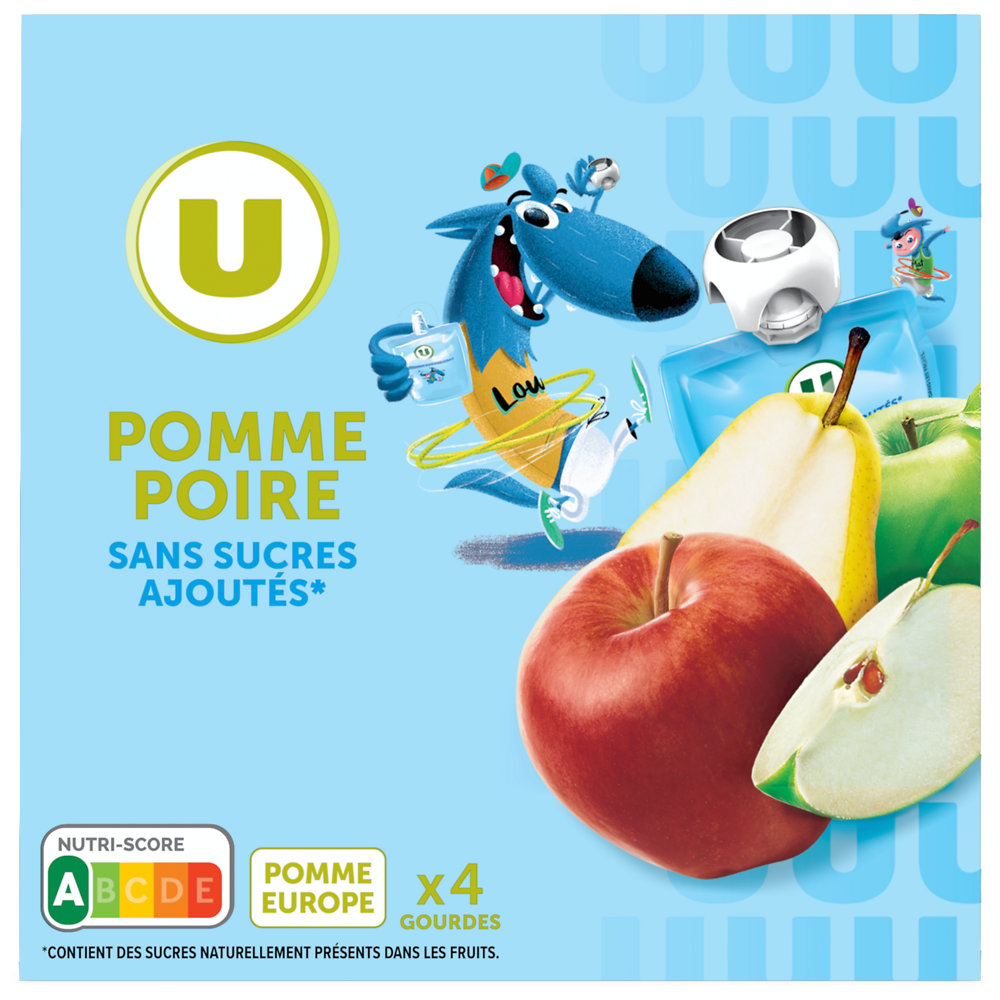 U Dessert fruitier Gourdes compote pomme poire sans sucre ajouté - 4x90g