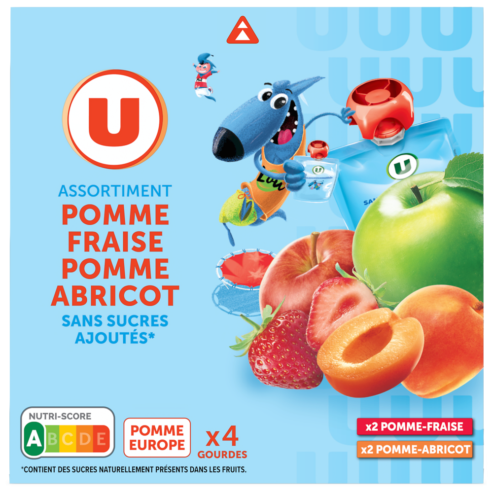 U Dessert fruitier Gourdes compote 2xpomme fraise/2xpomme abricot ssa -4x90g