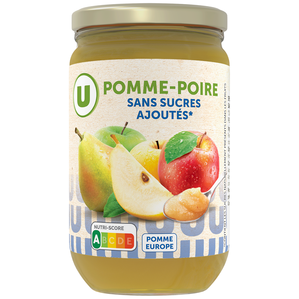 U Purée de pomme poire sans sucre ajouté, bocal 680g