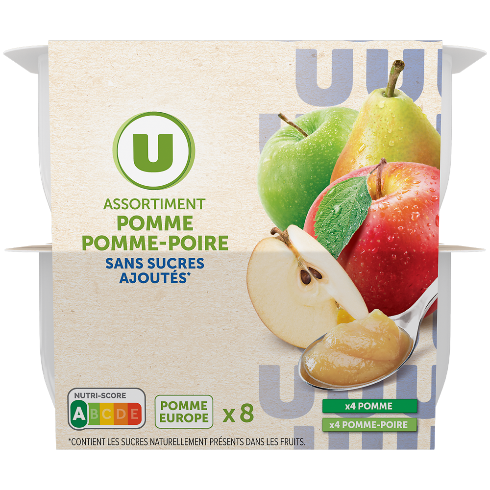 U Coupelles compote de fruits 4 pomme nature + 4 pomme-poire sans sucreajouté, 8x100g