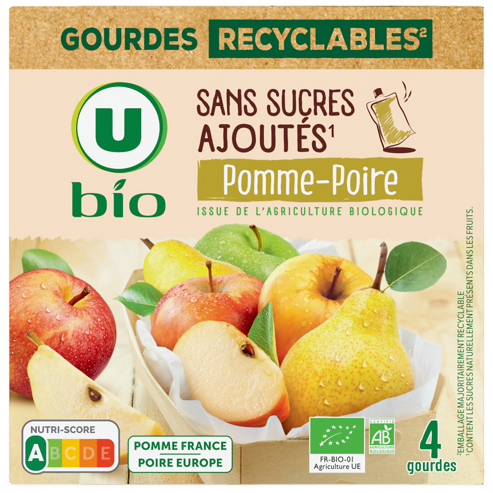 U BIO Dessert fruitier Purée de pomme et poire sans sucre ajouté 4 coupellesde 90g, 360g