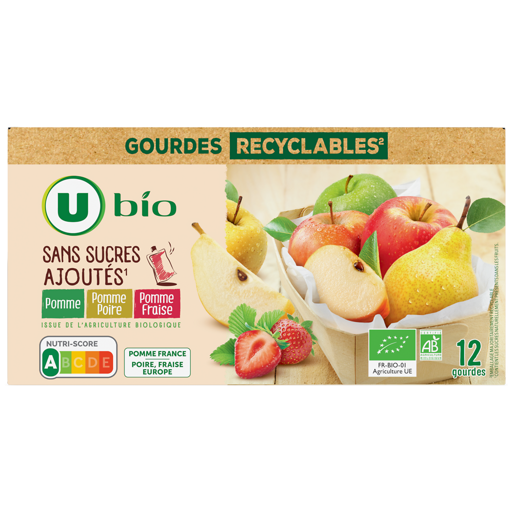 U BIO Purée pomme/pomme poire/pomme fraise sans sucre ajouté, gourdes 12x90g