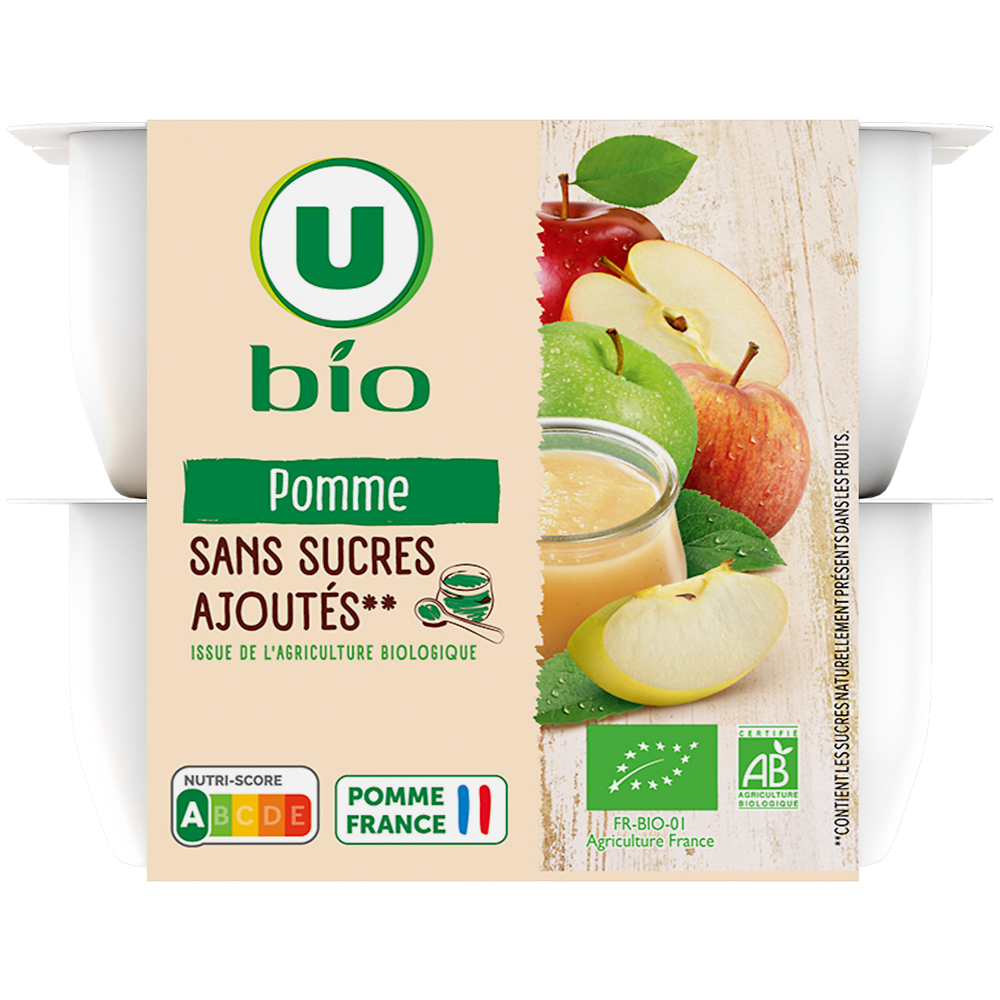 U BIO Coupelles compote pomme nature sans sucre ajouté, 8x100g