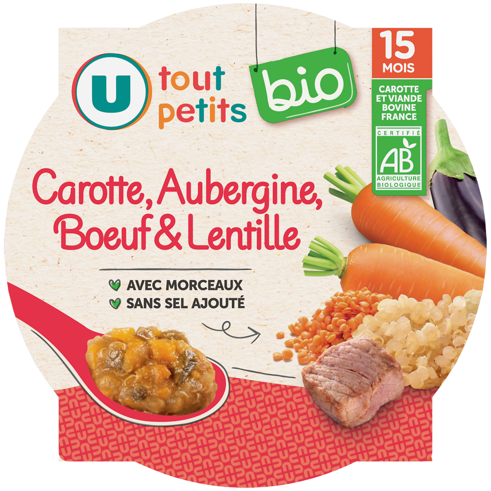 U TOUT PETITS BIO Plat bébé assiette de carotte lentille aubergine boeuf, 250g