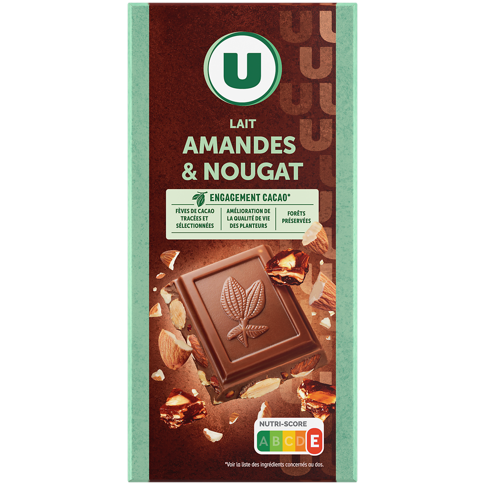 U Chocolat au lait amandes et éclats de nougat au miel, - tablette 180g