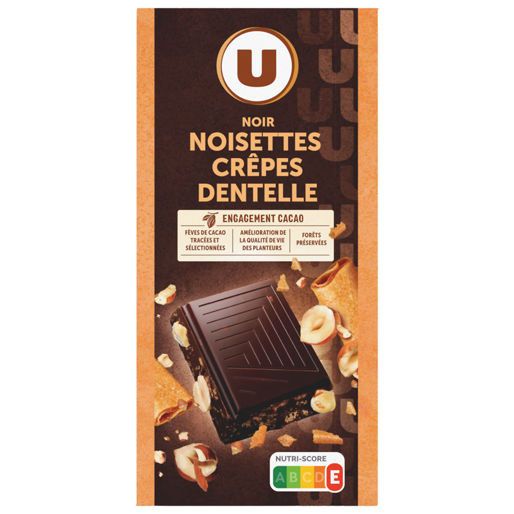 U Chocolat noir noisettes et éclats de crêpes dentelle, tablette 180g