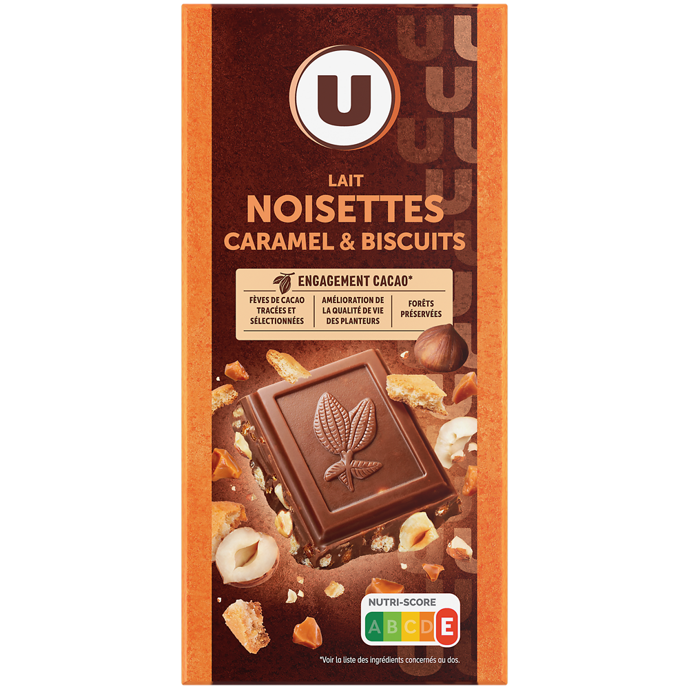 U Chocolat au lait noisettes & éclats de biscuit & caramel, - tablette 180g