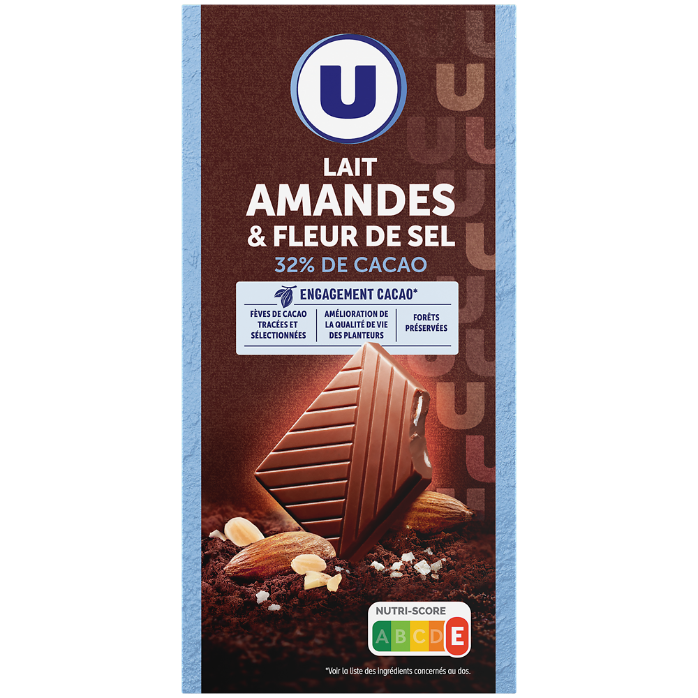 U Chocolat lait amandes effilées et pointe de sel, - tablette 100g