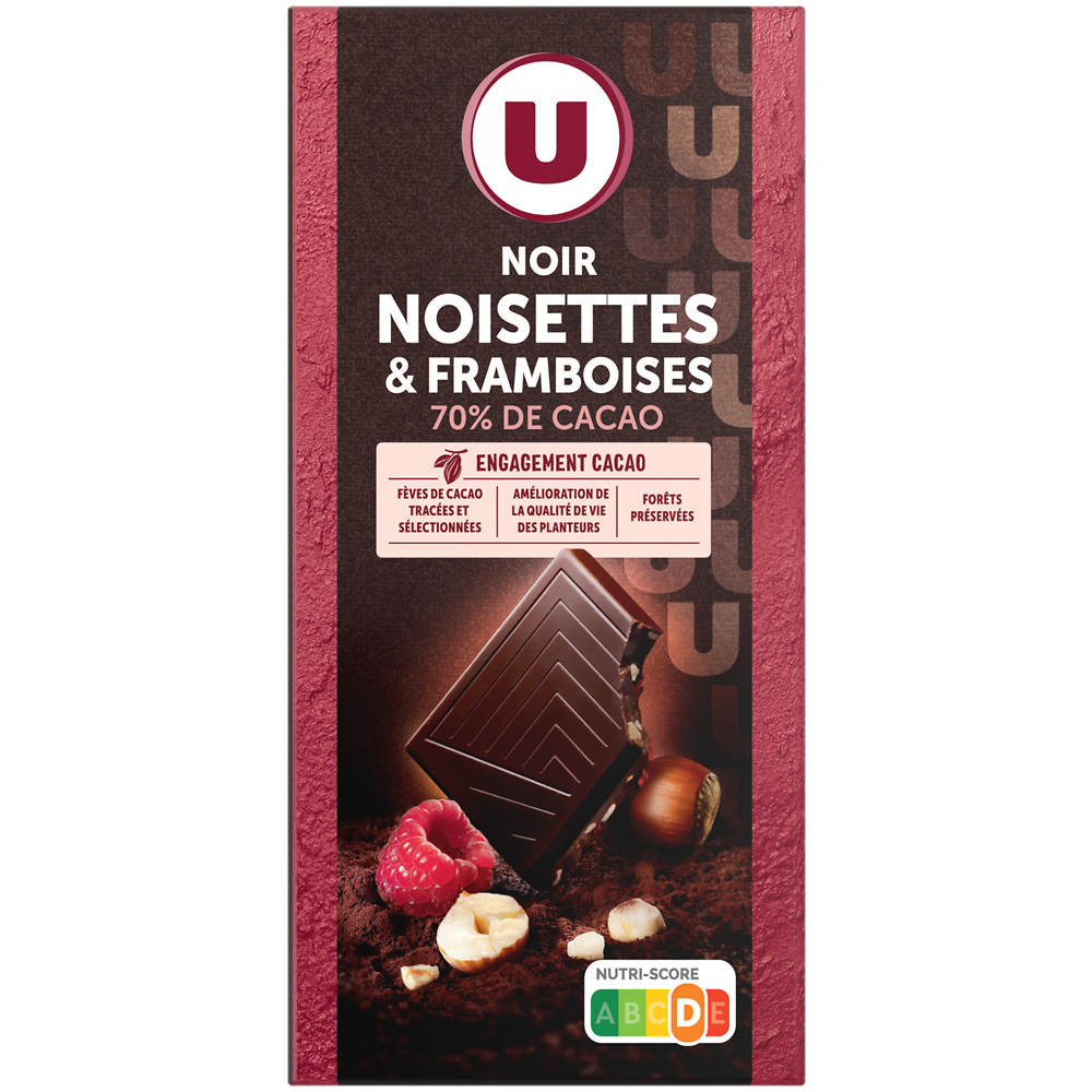 U Chocolat noir aux éclats de noisettes et framboises, tablette 100g