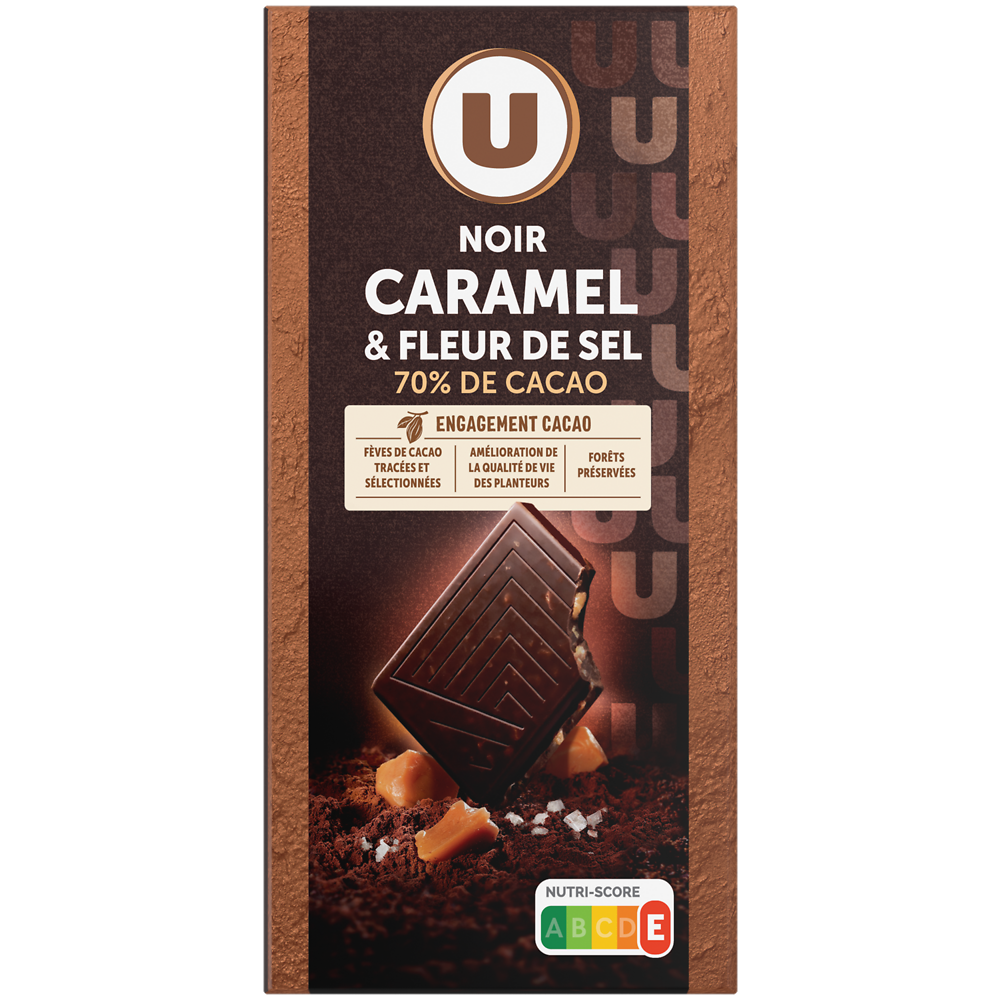 U Chocolat noir éclat de caramel aromatisé fleur de sel, tablette 100g