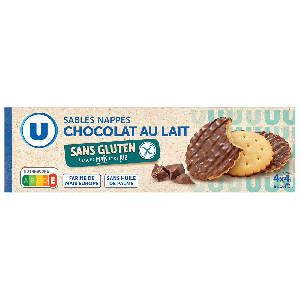 U SANS GLUTEN Sablés nappés chocolat au lait SANS GLUTEN 150g