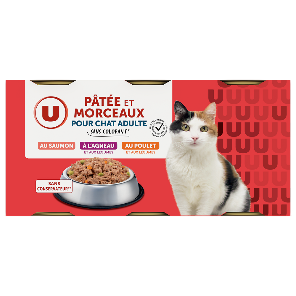 U Boîte pour chat Pâtée et morceaux agneau, saumon MSC, poulet pour chat- 3x400g