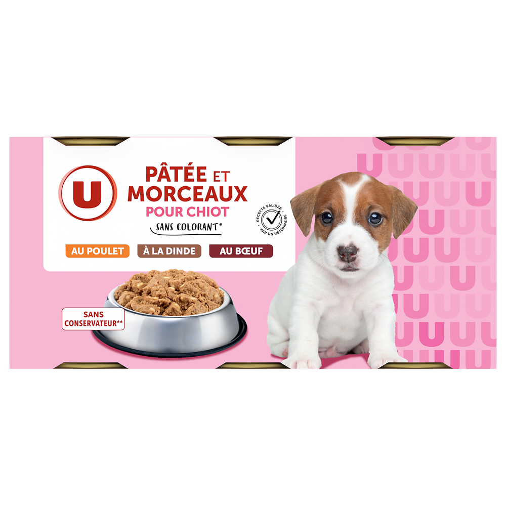 U Boîte pour chiot Pâtée et morceaux viandes, 3x400g