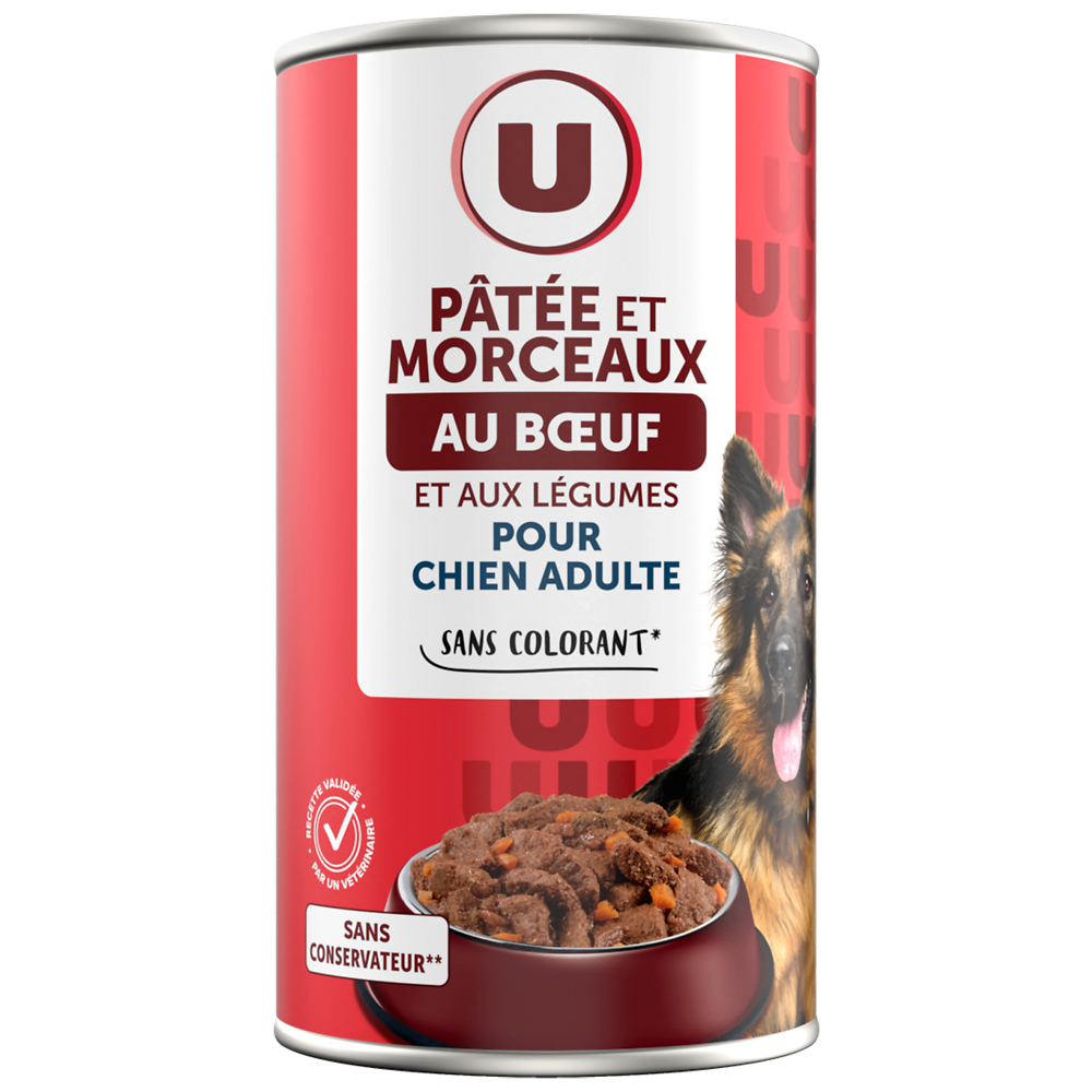 U Boîte pour chien Pâtée et morceaux boeuf et légumes, Boîte 1,2kg