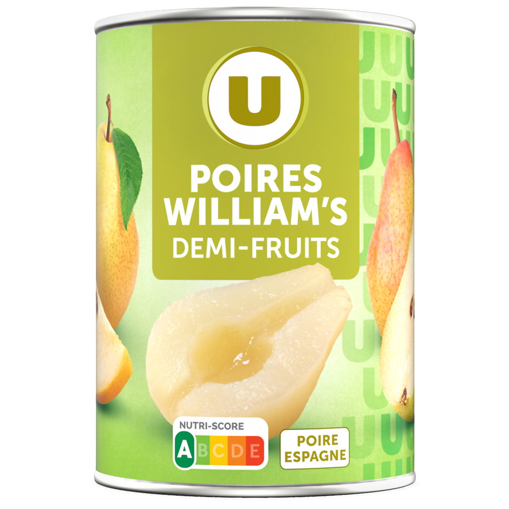 U Poires demi-fruits au sirop léger, boîte 1/2 225g