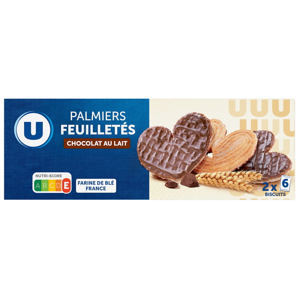 U Palmiers feuilletés nappés chocolat au lait, paquet 110g