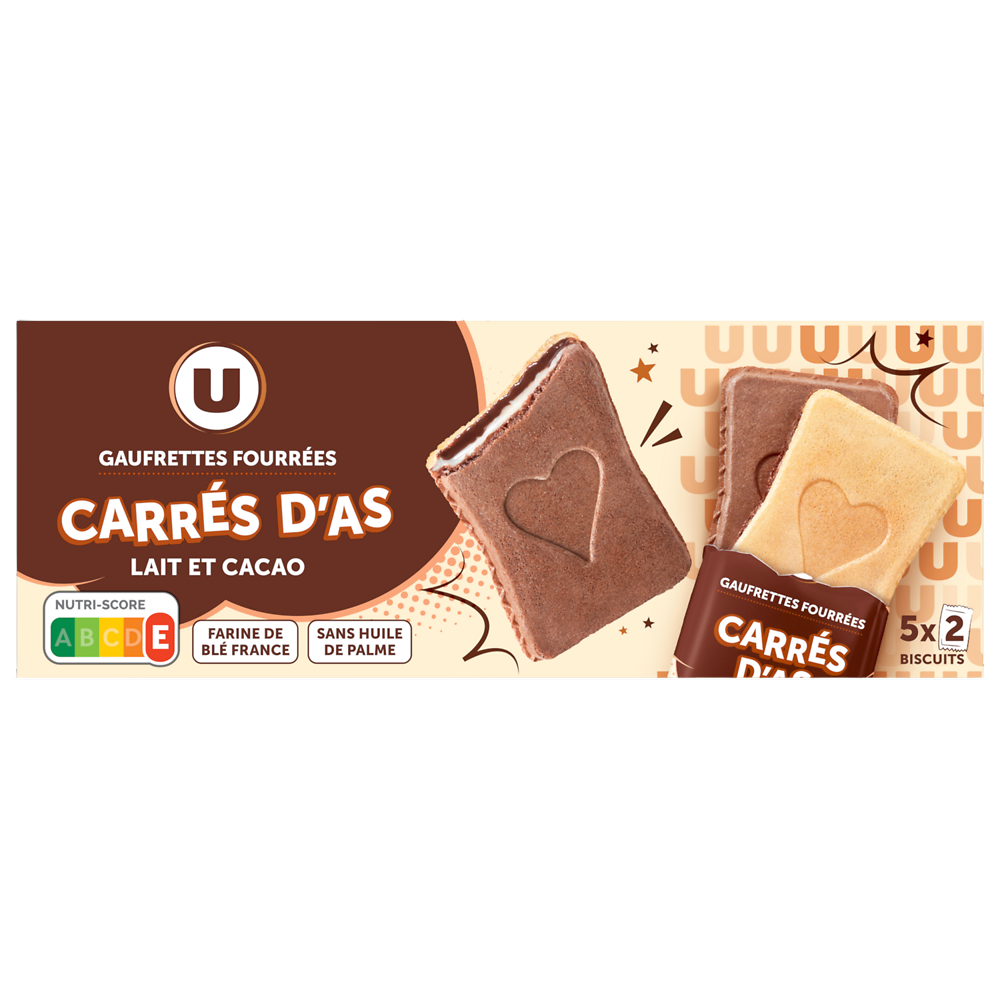 U Gaufrettes carrés d'as fourrées lait et cacao, U, 128g