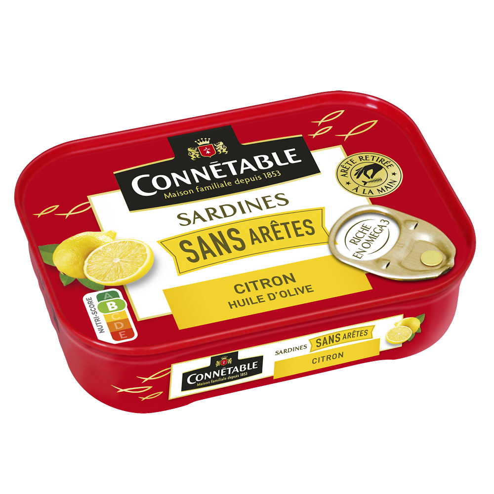 Sardine sans arêtes à l'huile d'olive citron, CONNETABLE, boîte de 1/5, 140g