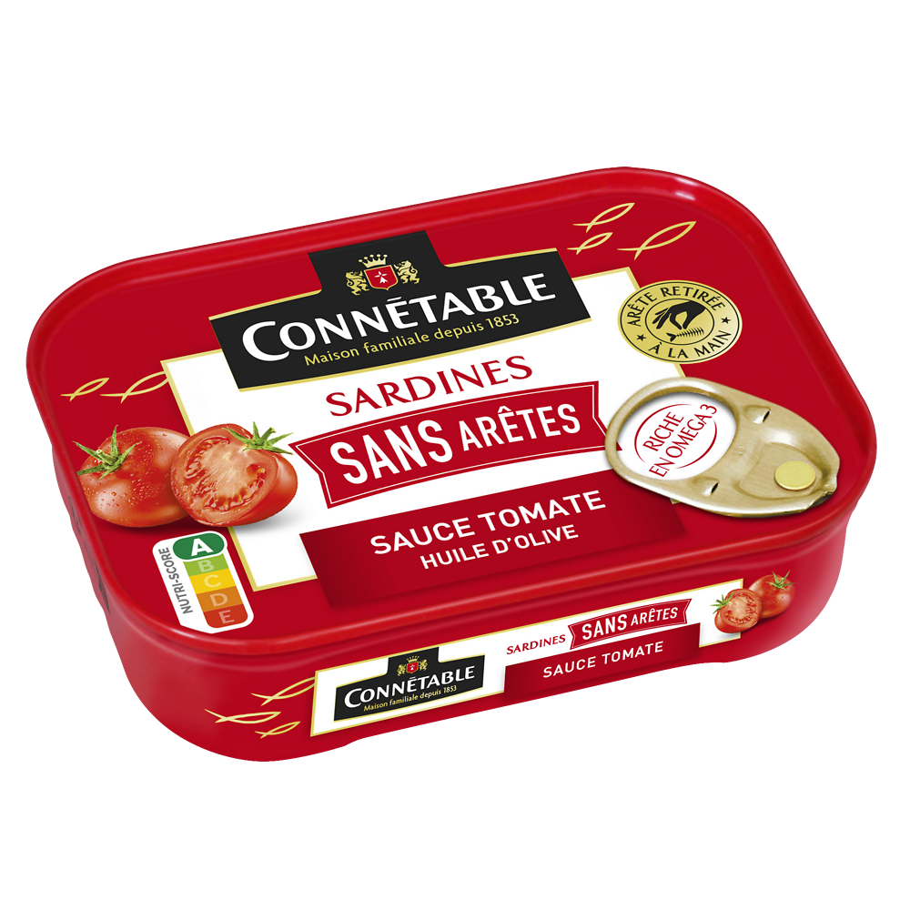 Sardines sans arêtes sauce tomate huile d'olive vierge extra CONNETABLE, boîte de 140g