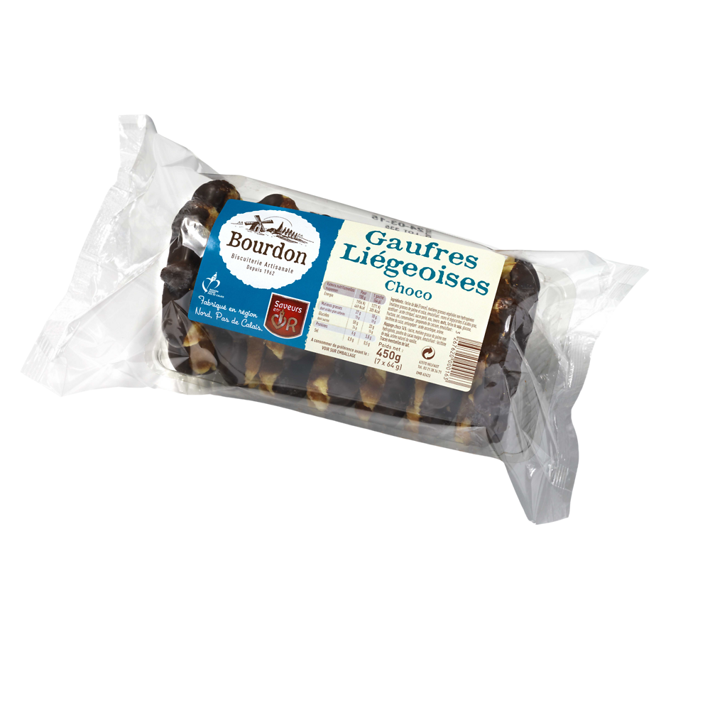 Gaufres liégeoises au chocolat BISCUITERIE BOURDON, 7 unités soit 450g