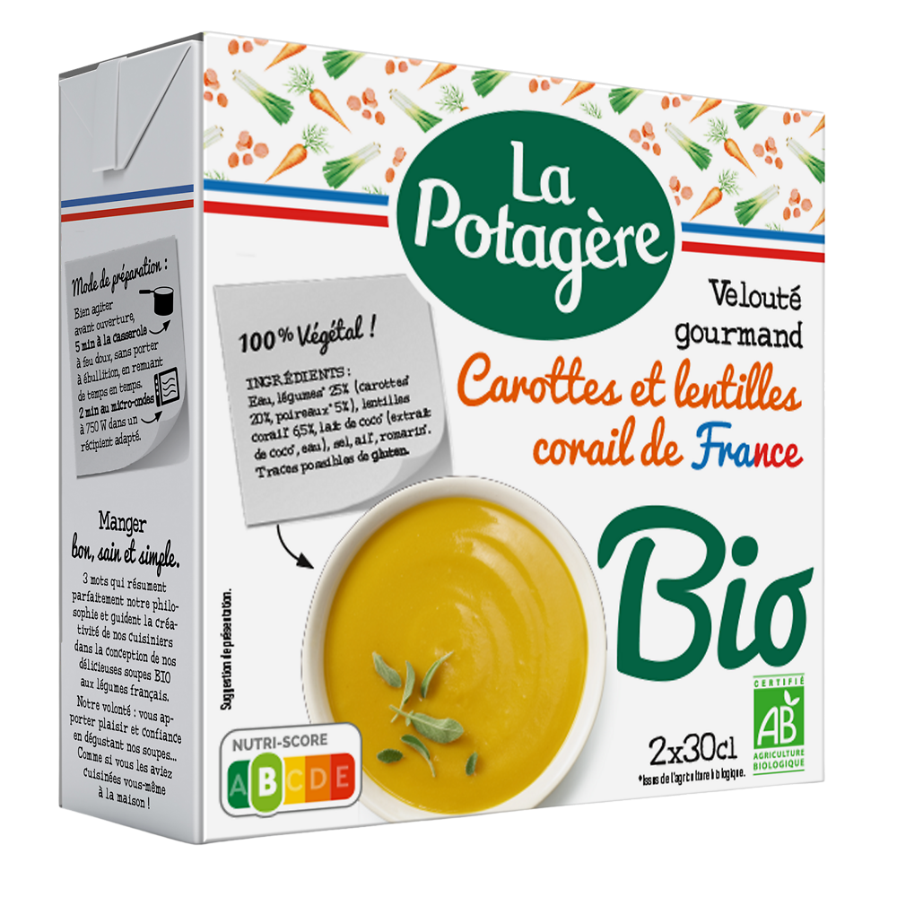 Velouté de carottes et lentilles corail bio LA POTAGERE, 2x30cl