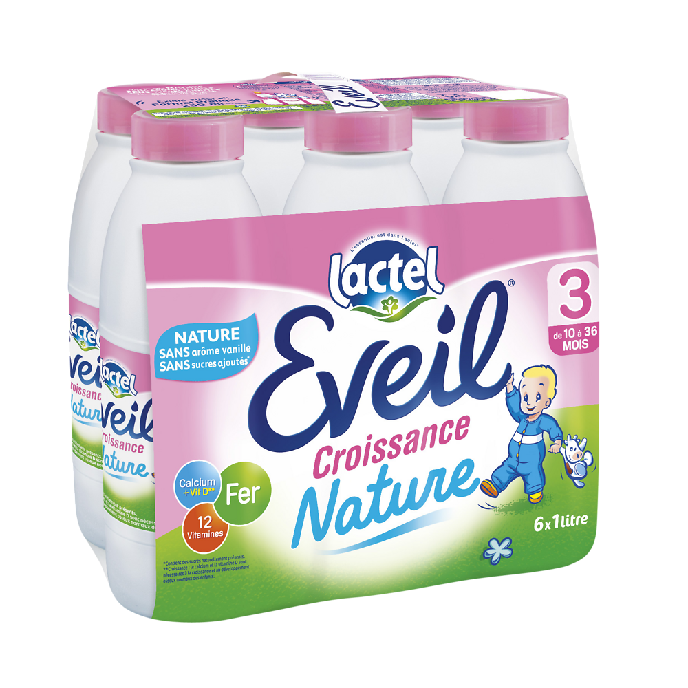 Lait Eveil nature sans arôme vanille LACTEL, de 12 mois à 3 ans, 6x1l