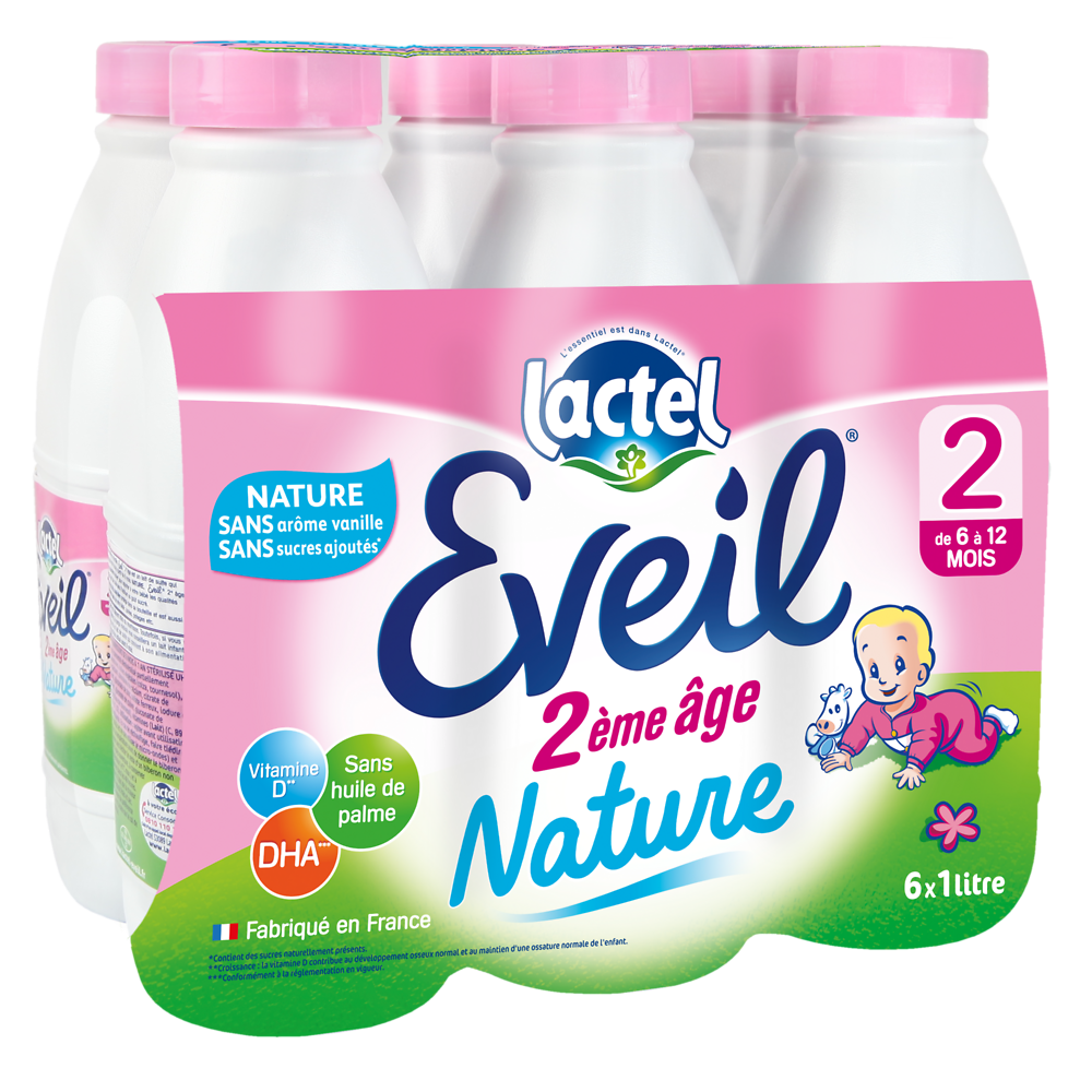 Lait infantile Eveil 2ème âge nature sans arôme vanille sans sucre ajouté dès 6 mois LACTEL 6x1l