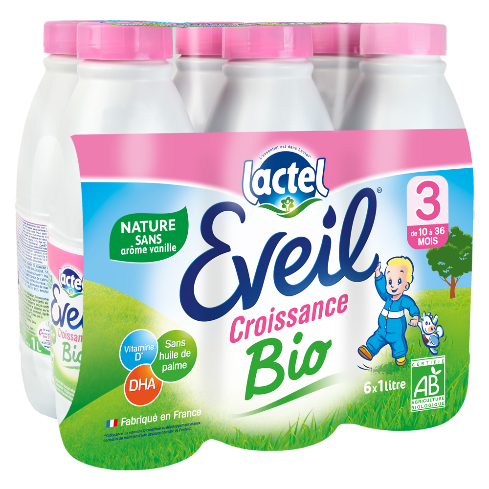 Lait de croissance bio nature dès 10 mois EVEIL LACTEL - 6x1L